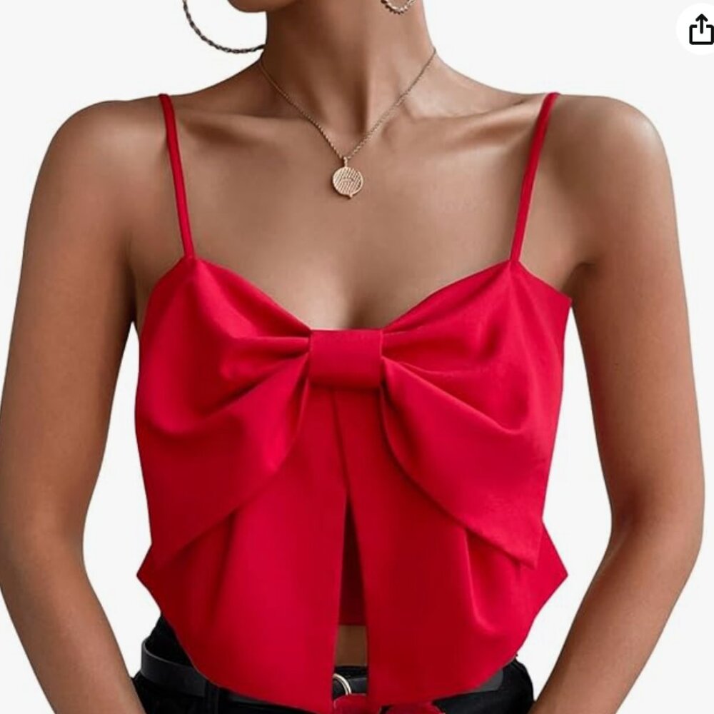 Women's Red Bow Top Small Cami Tank Crop Adjustable Straps Shirred NWOT